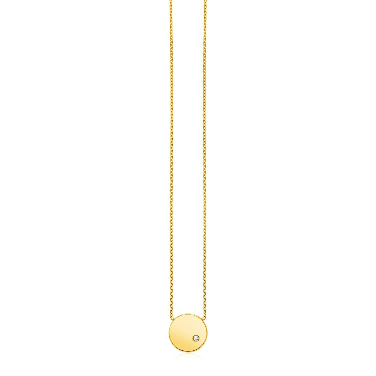 14k Yellow Gold Necklace with Polished Round Pendant with Diamond 