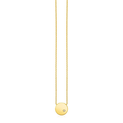14k Yellow Gold Necklace with Polished Round Pendant with Diamond 