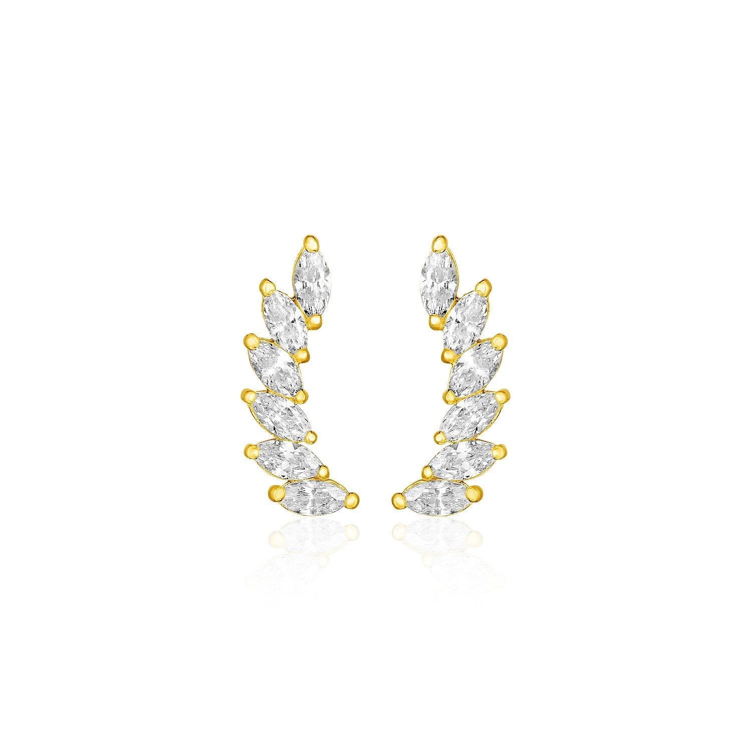 14k Yellow Gold Leaf Motif Climber Post Earrings with Marquise Cubic Zirconias  DestGlow