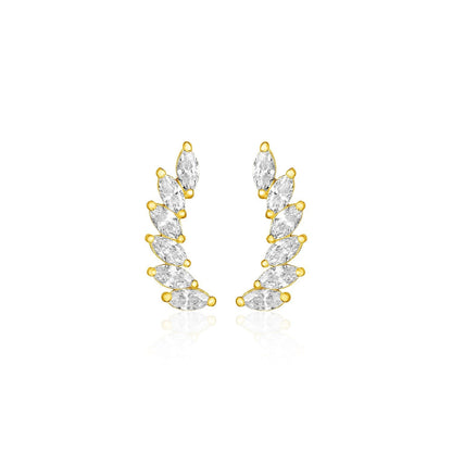 14k Yellow Gold Leaf Motif Climber Post Earrings with Marquise Cubic Zirconias  DestGlow