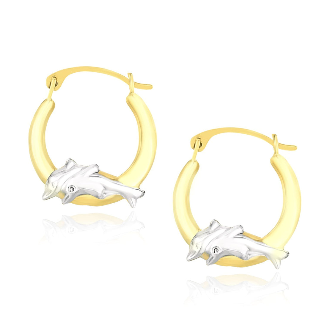 10k Two-Tone Gold Round Graduated Dolphin Design Hoop Earrings - earrings