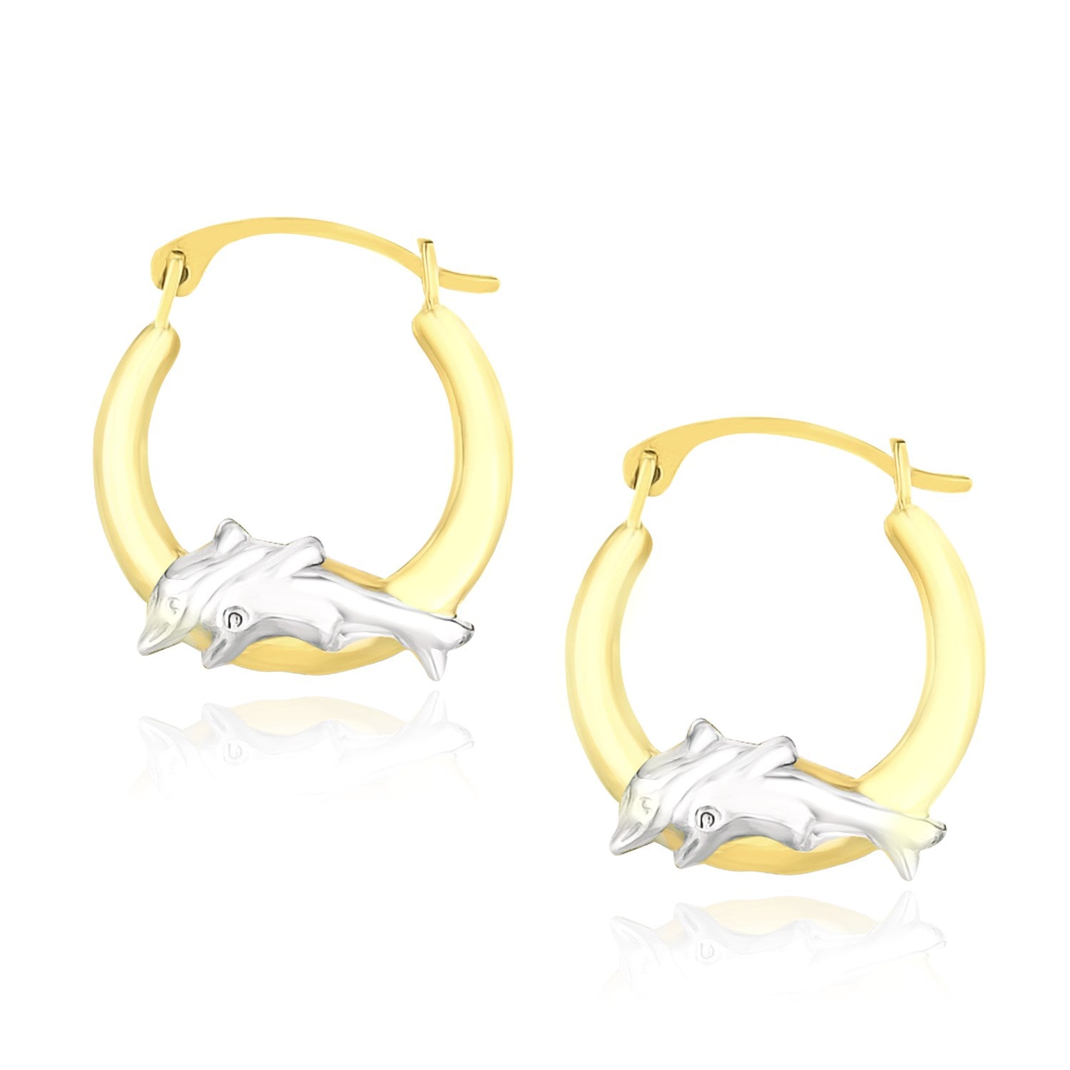 10k Two-Tone Gold Round Graduated Dolphin Design Hoop Earrings  DestGlow