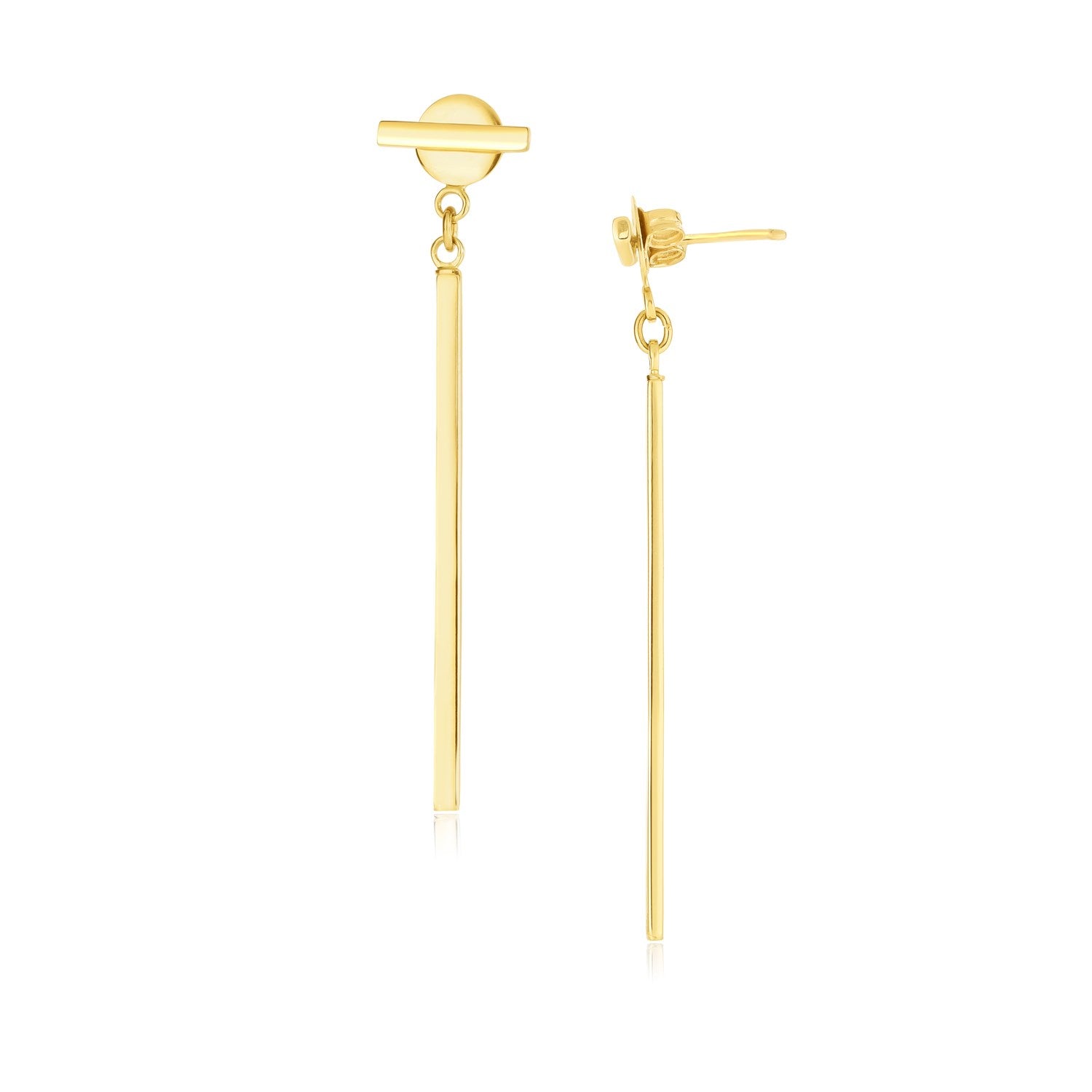 14k Yellow Gold Modern Disc and Bar Drop Earrings - earrings