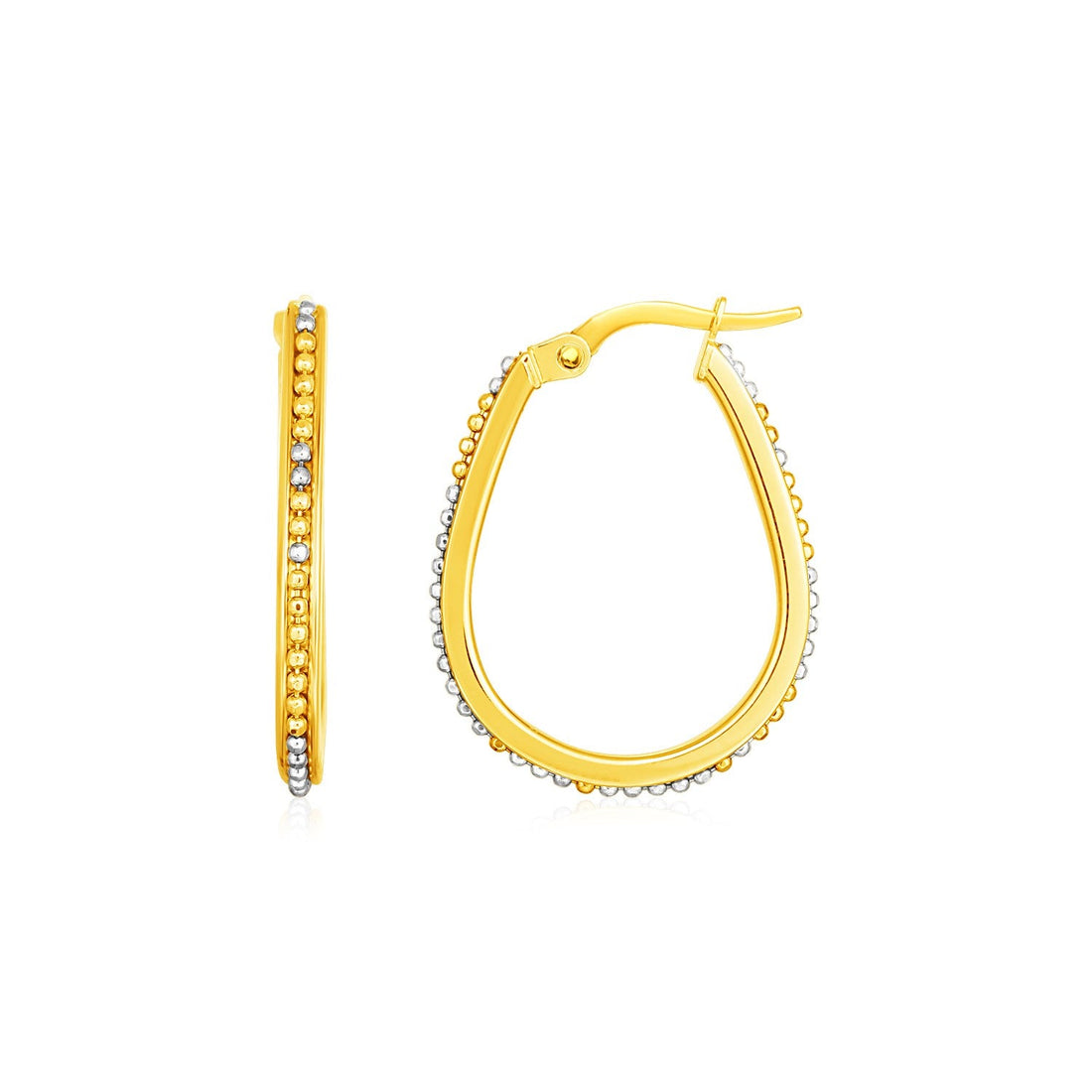 14k Two Tone Gold Oval Hoop Earrings with Bead Texture - earrings