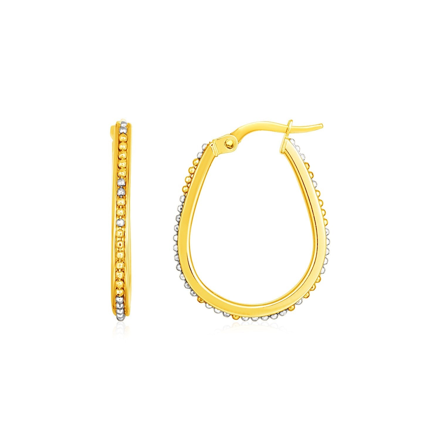 14k Two Tone Gold Oval Hoop Earrings with Bead Texture - earrings