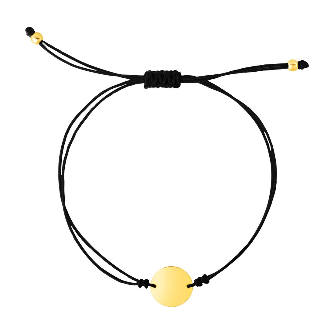 9 1/4 inch Black Cord Adjustable Bracelet with 14k Yellow Gold Circle - DestGlow
