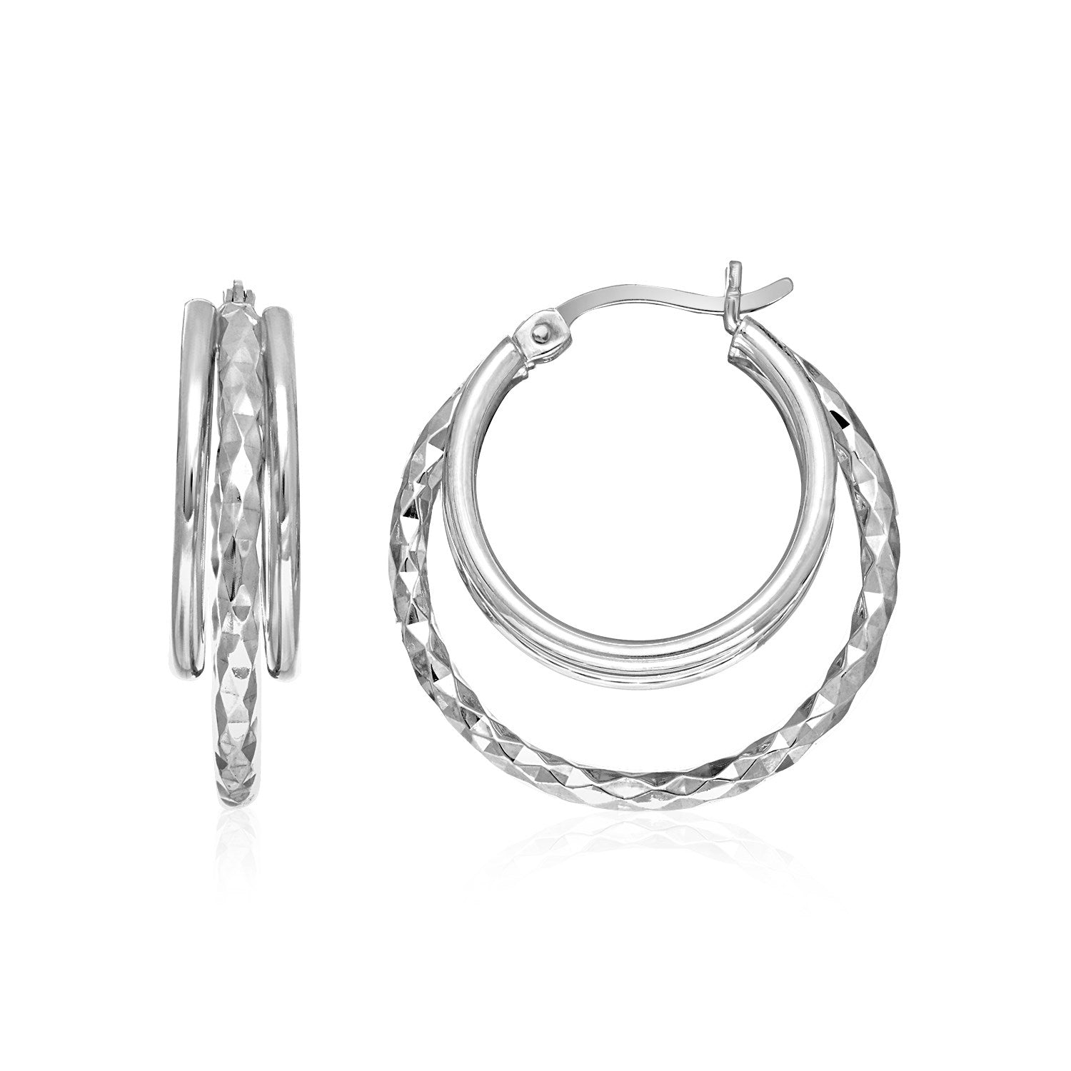 Two-Part Graduated Polished and Textured Hoop Earrings in Sterling Silver - DestGlow