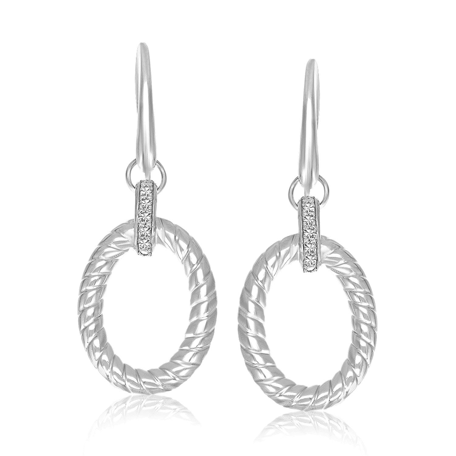 Sterling Silver Rhodium Finished Diamond Embellished Oval Rope Drop Earrings - DestGlow
