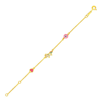 14k Yellow Gold 5 1/2 inch Childrens Bracelet with Enameled Heart Unicorn and Circle - bracelets