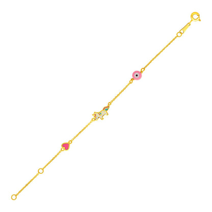 14k Yellow Gold 5 1/2 inch Childrens Bracelet with Enameled Heart Unicorn and Circle by Bids.com