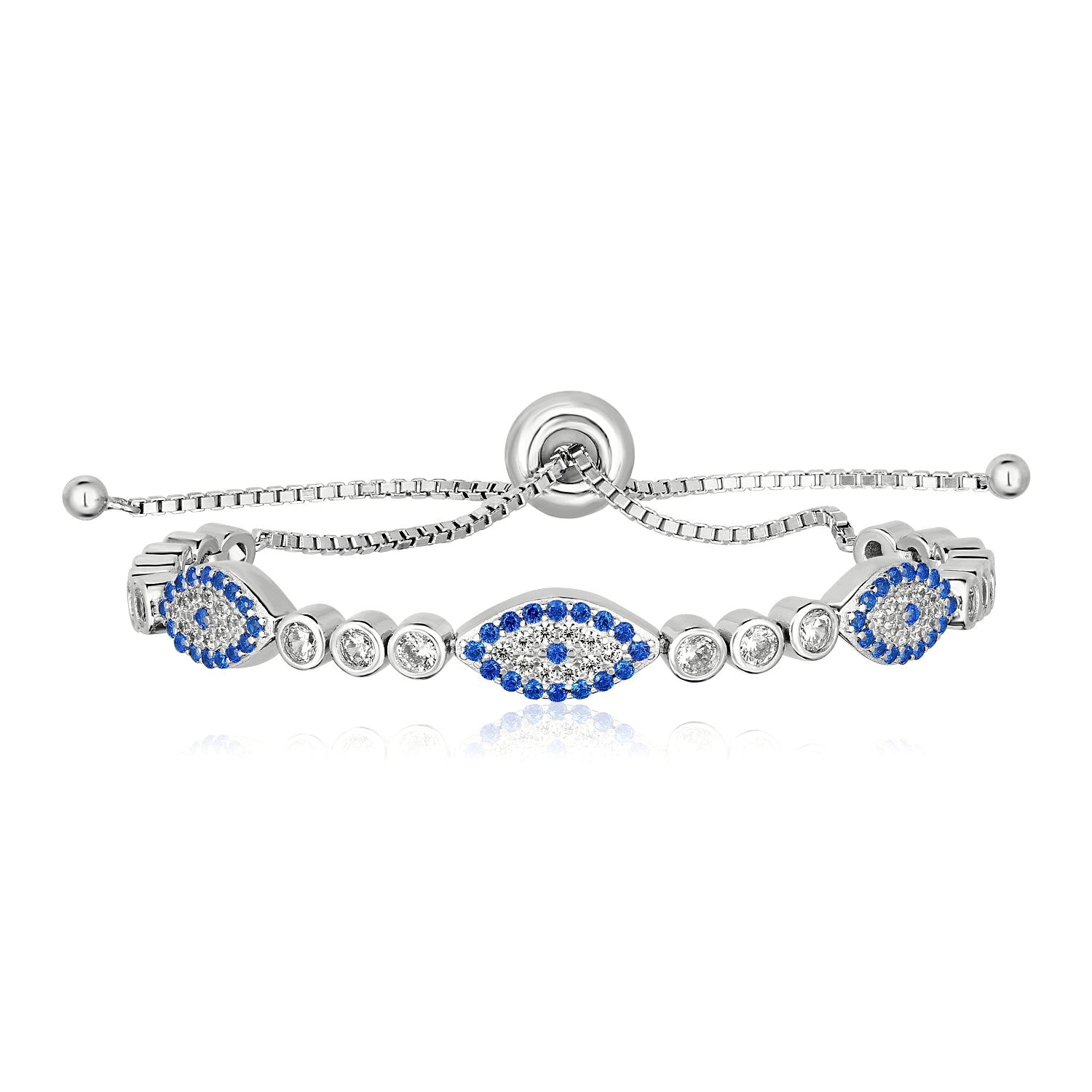 Sterling Silver Adjustable Enameled Evil Eye Bracelet with Cubic Zirconias - DestGlow