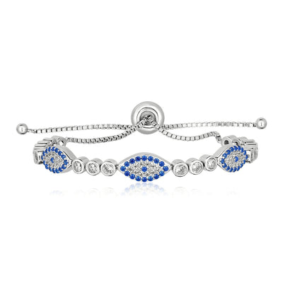 Sterling Silver Adjustable Enameled Evil Eye Bracelet with Cubic Zirconias - DestGlow