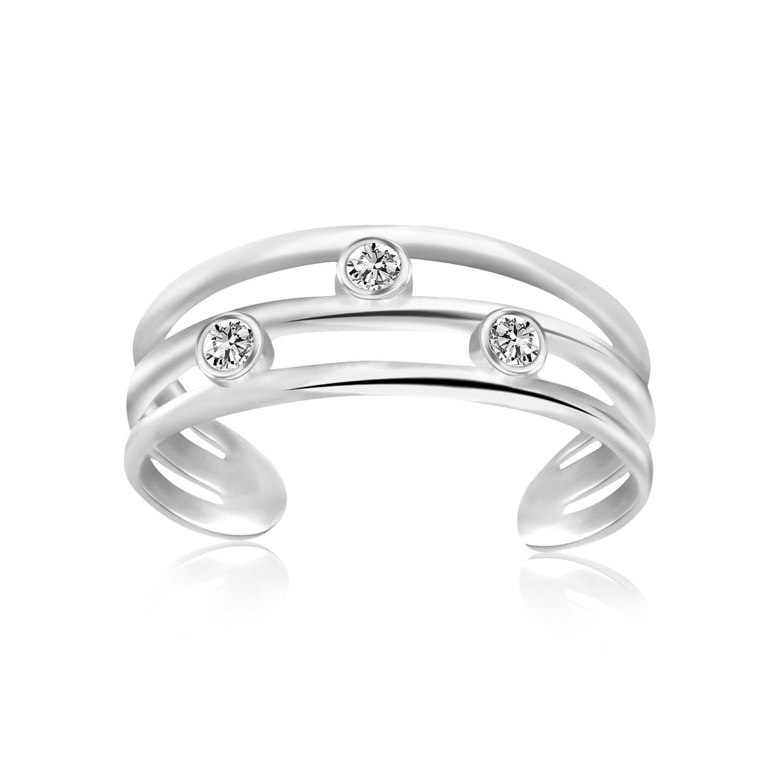 Sterling Silver Rhodium Plated Triple Line Open Motif Cubic Zirconia Toe Ring - DestGlow