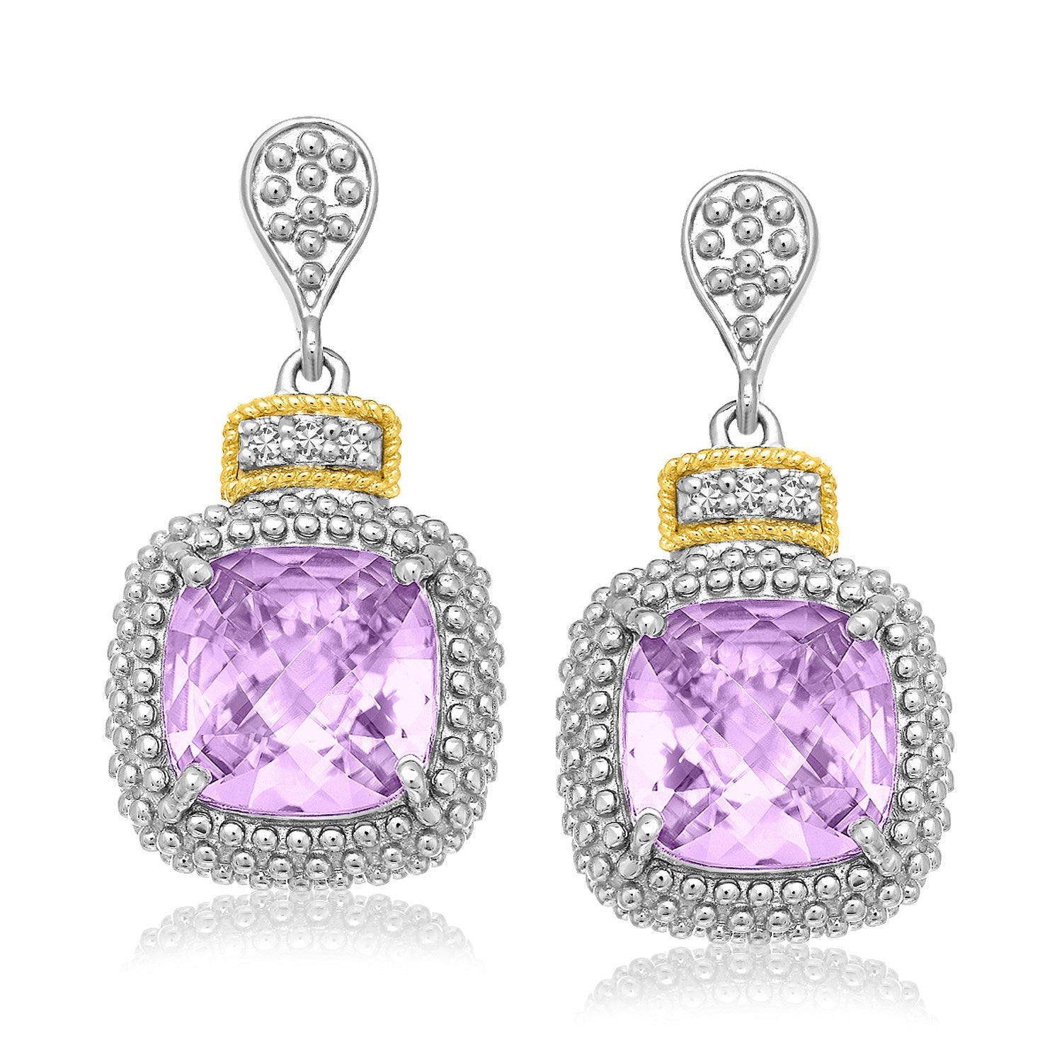 18k Yellow Gold &amp; Sterling Silver Cushion Amethyst &amp; Diamond Earrings (.05cttw) - DestGlow