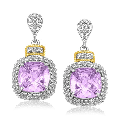 18k Yellow Gold &amp; Sterling Silver Cushion Amethyst &amp; Diamond Earrings (.05cttw) by Bids.com