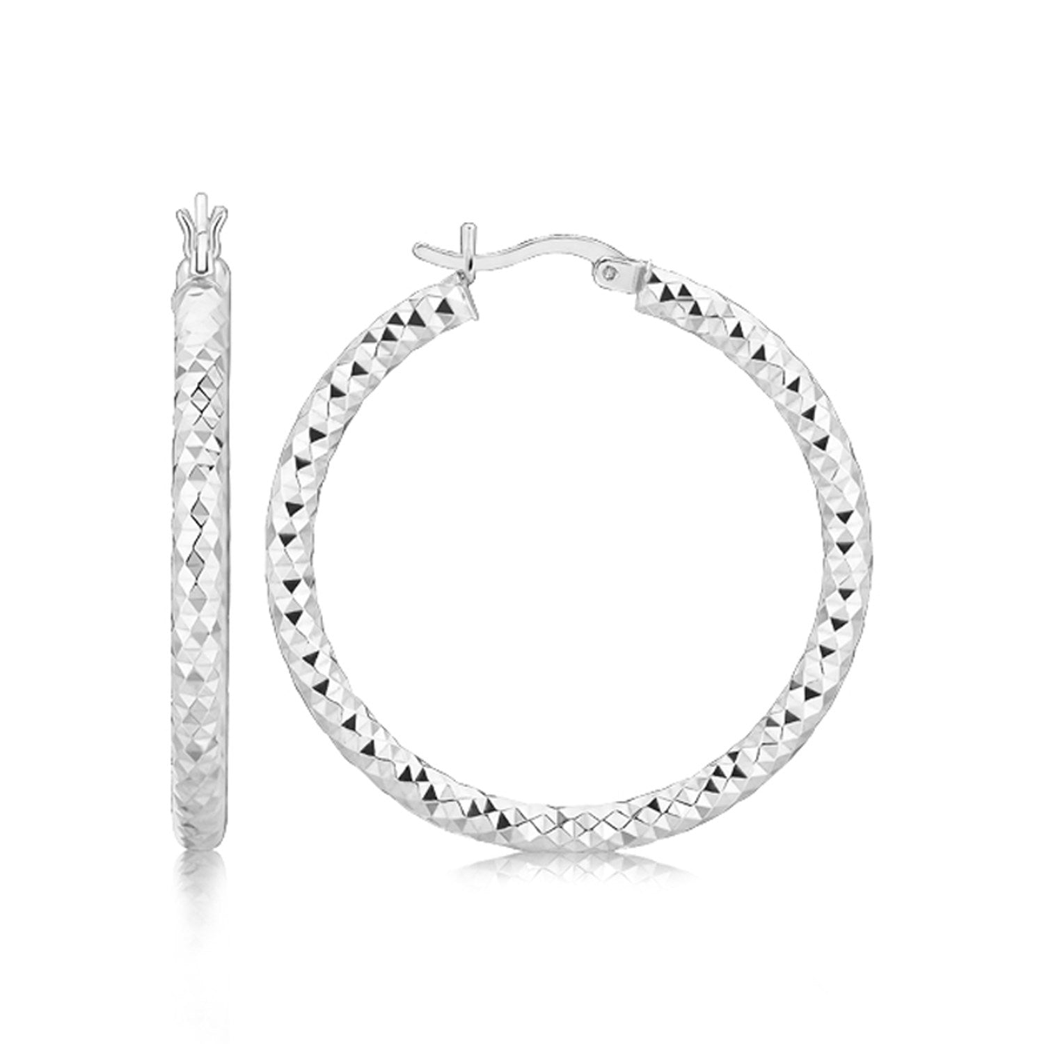 Sterling Silver Faceted Motif Large Hoop Earrings with Rhodium Plating(4x25mm) - DestGlow