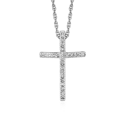 Narrow Cross Pendant with Diamonds in Sterling Silver - DestGlow