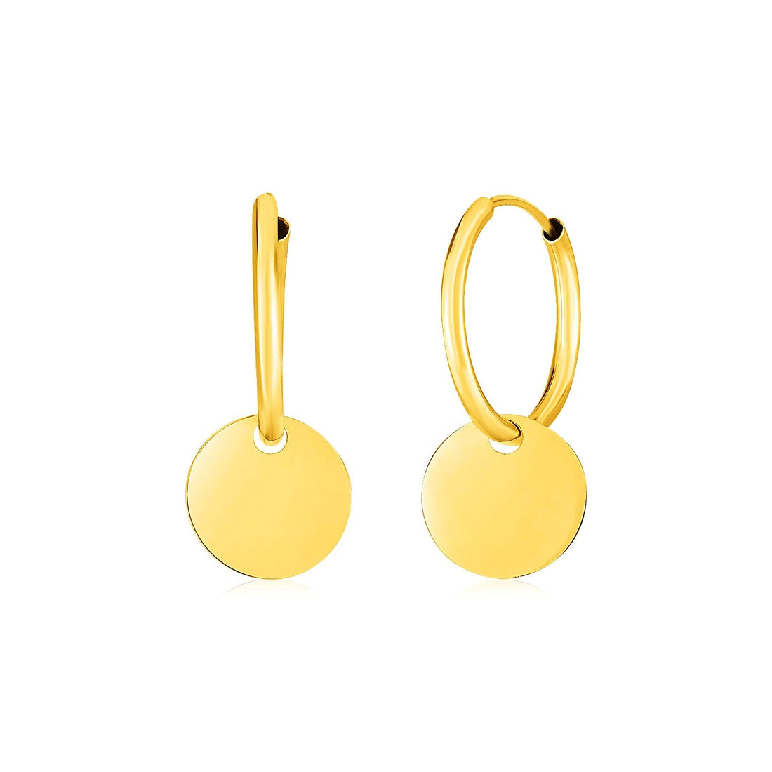 14k Yellow Gold Huggie Style Hoop Earrings with Circle Drops - earrings