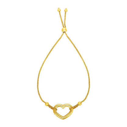 Adjustable Bracelet with Shiny Open Heart in 14k Yellow Gold 