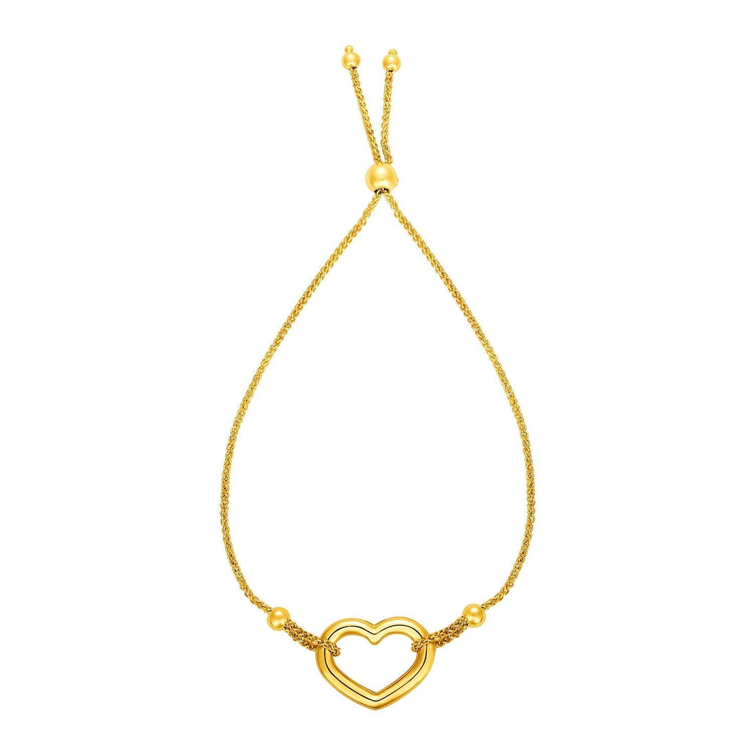 Adjustable Bracelet with Shiny Open Heart in 14k Yellow Gold (1.00 mm) 