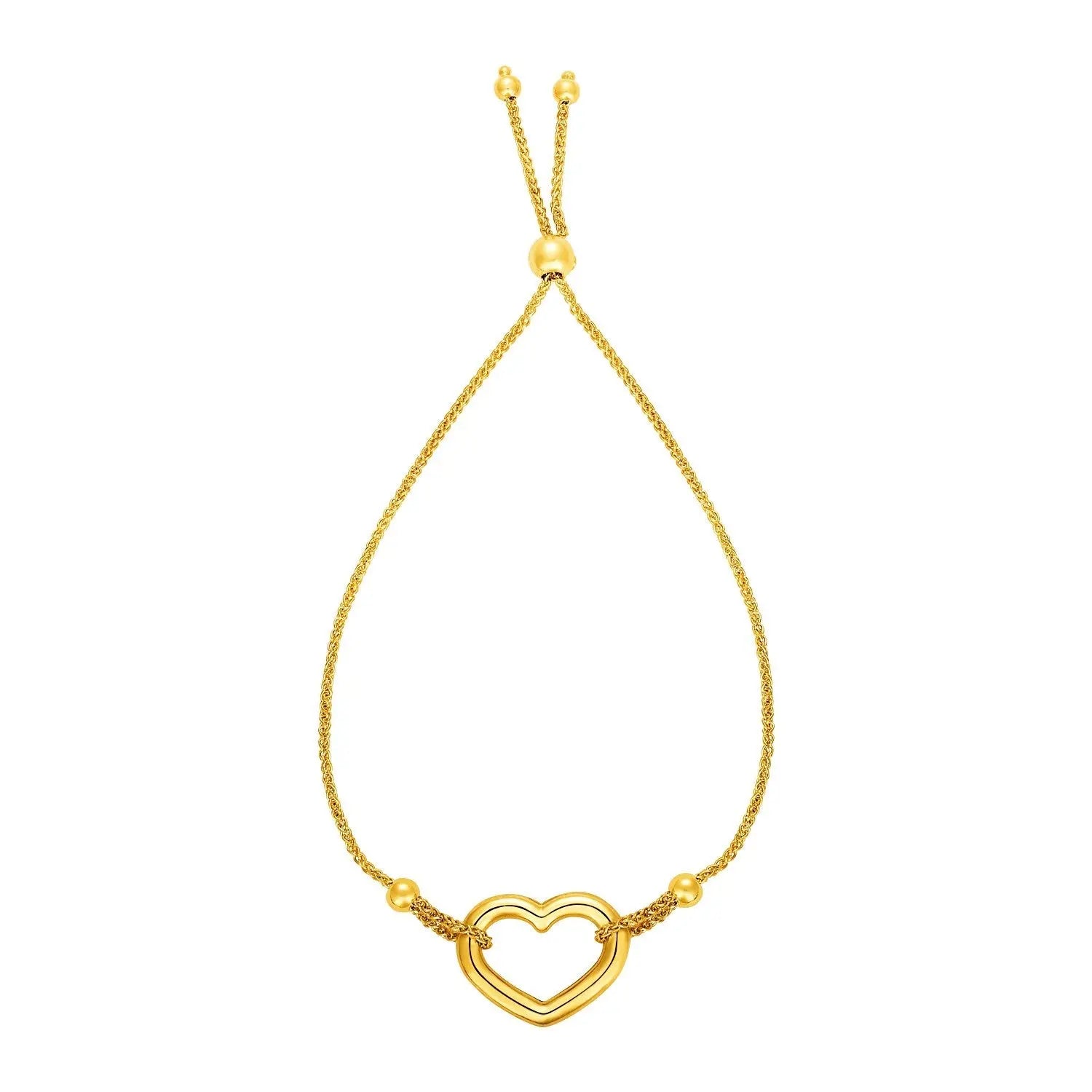 Adjustable Bracelet with Shiny Open Heart in 14k Yellow Gold 