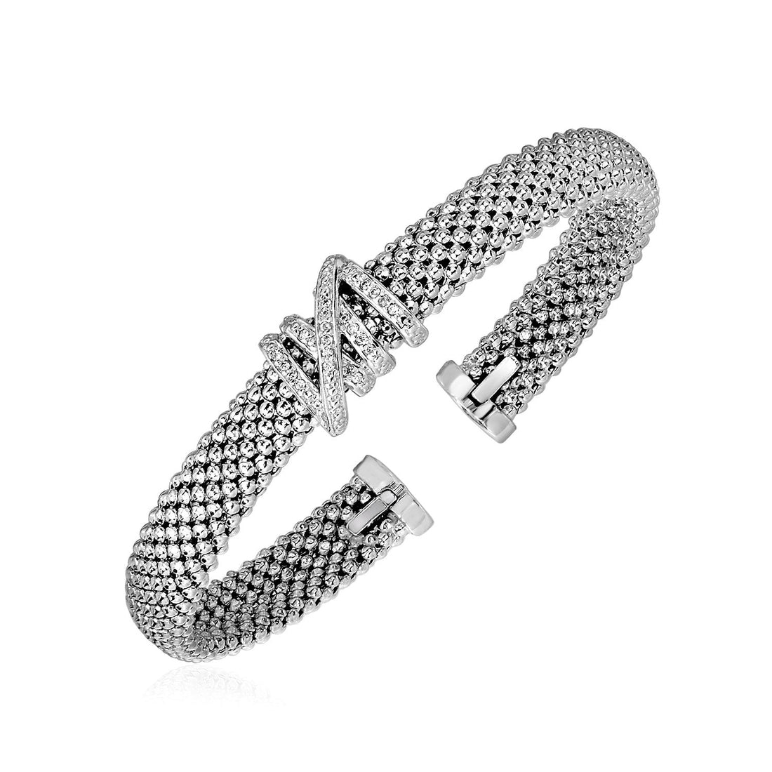 Popcorn Texture Cuff Bangle with Diamonds in Sterling Silver (8.00 mm) - DestGlow