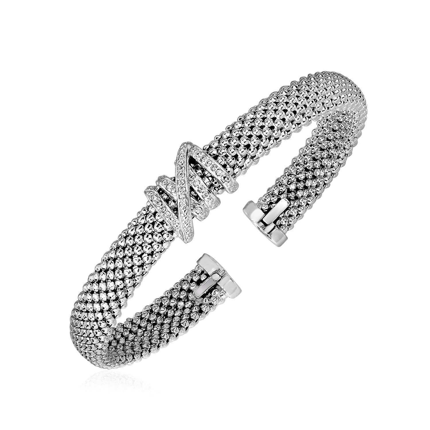 Popcorn Texture Cuff Bangle with Diamonds in Sterling Silver (8.00 mm) - DestGlow