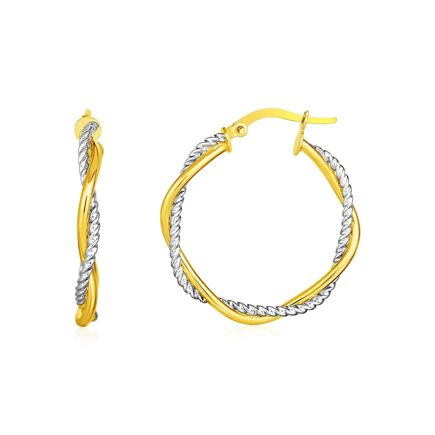 14k Yellow and White Gold Two Part Textured Twisted Round Hoop Earrings(3x23mm) 
