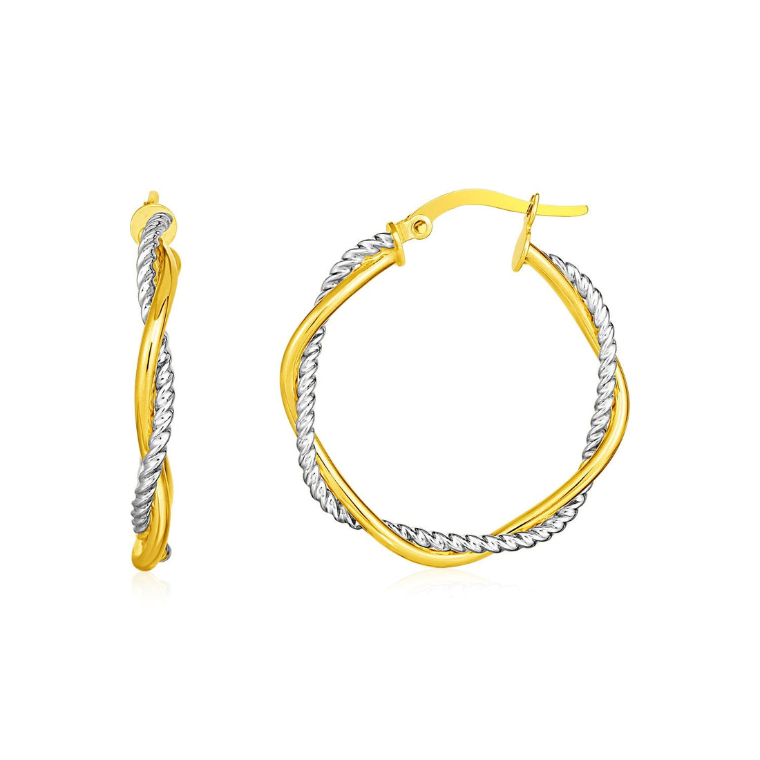 14k Yellow and White Gold Two Part Textured Twisted Round Hoop Earrings - earrings
