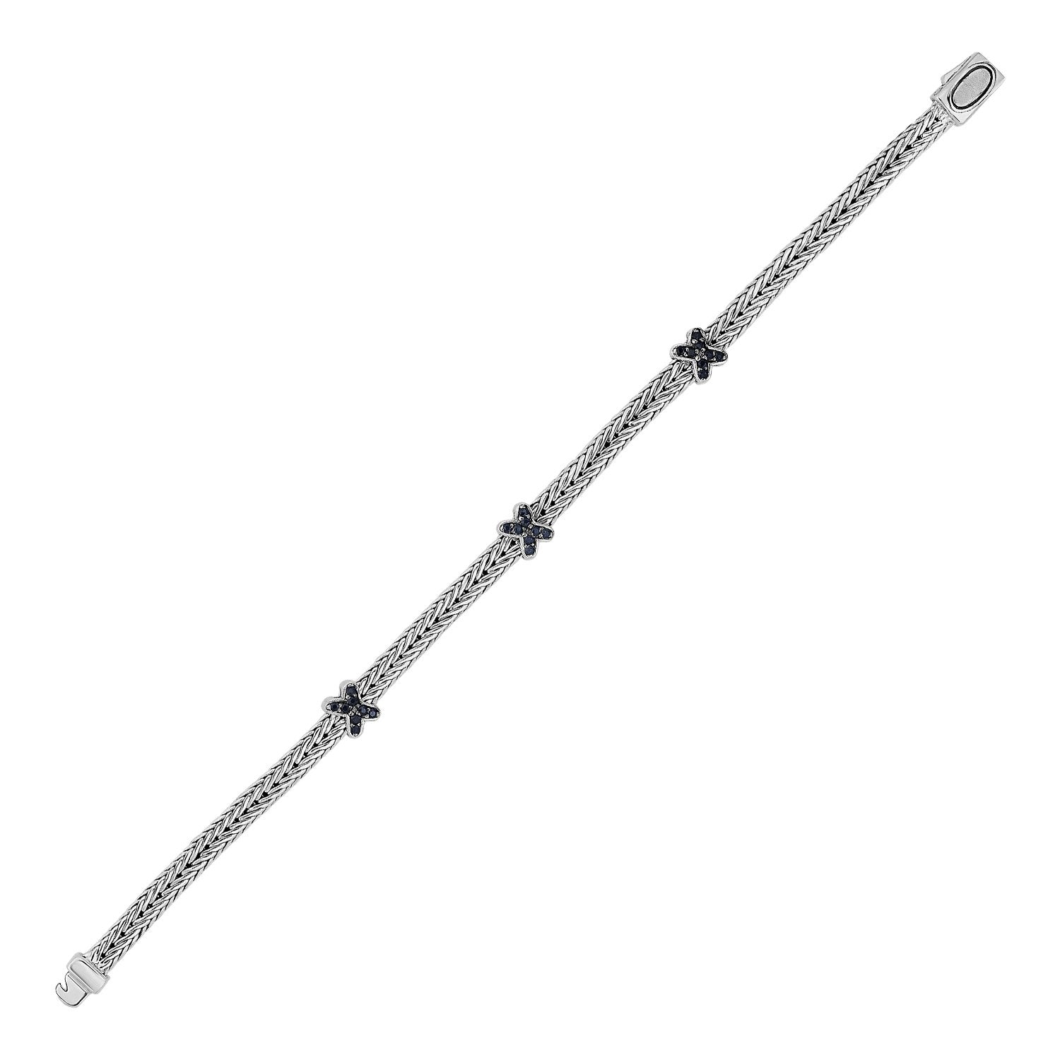 Woven Rope Bracelet with Black Sapphire X Accents in Sterling Silver by Avera Group