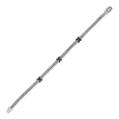 Woven Rope Bracelet with Black Sapphire X Accents in Sterling Silver by Avera Group