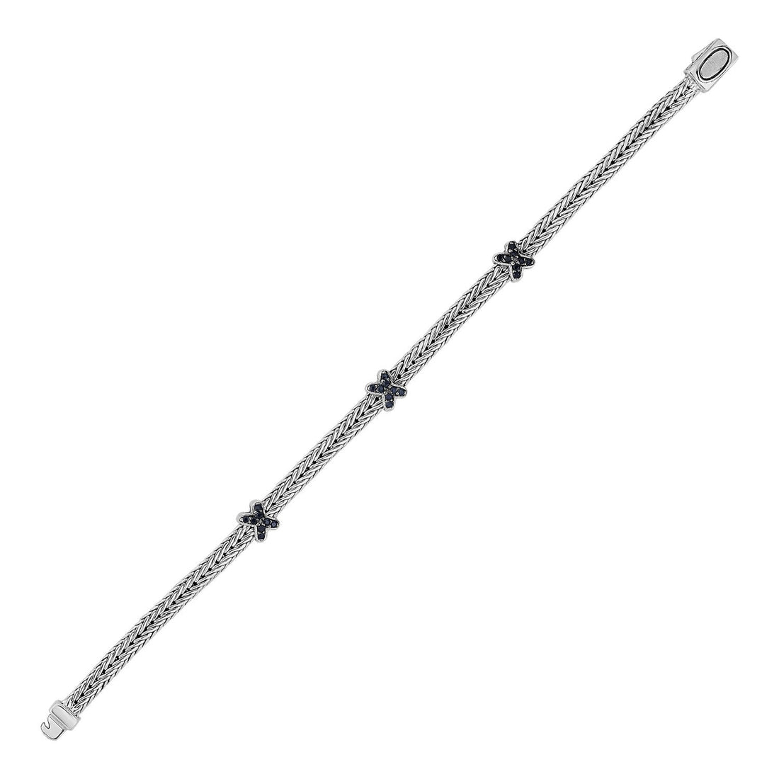 Woven Rope Bracelet with Black Sapphire X Accents in Sterling Silver - DestGlow
