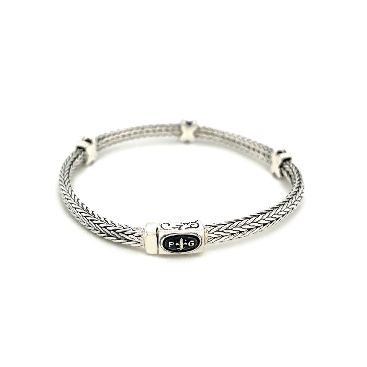 Woven Rope Bracelet with Black Sapphire X Accents in Sterling Silver - DestGlow