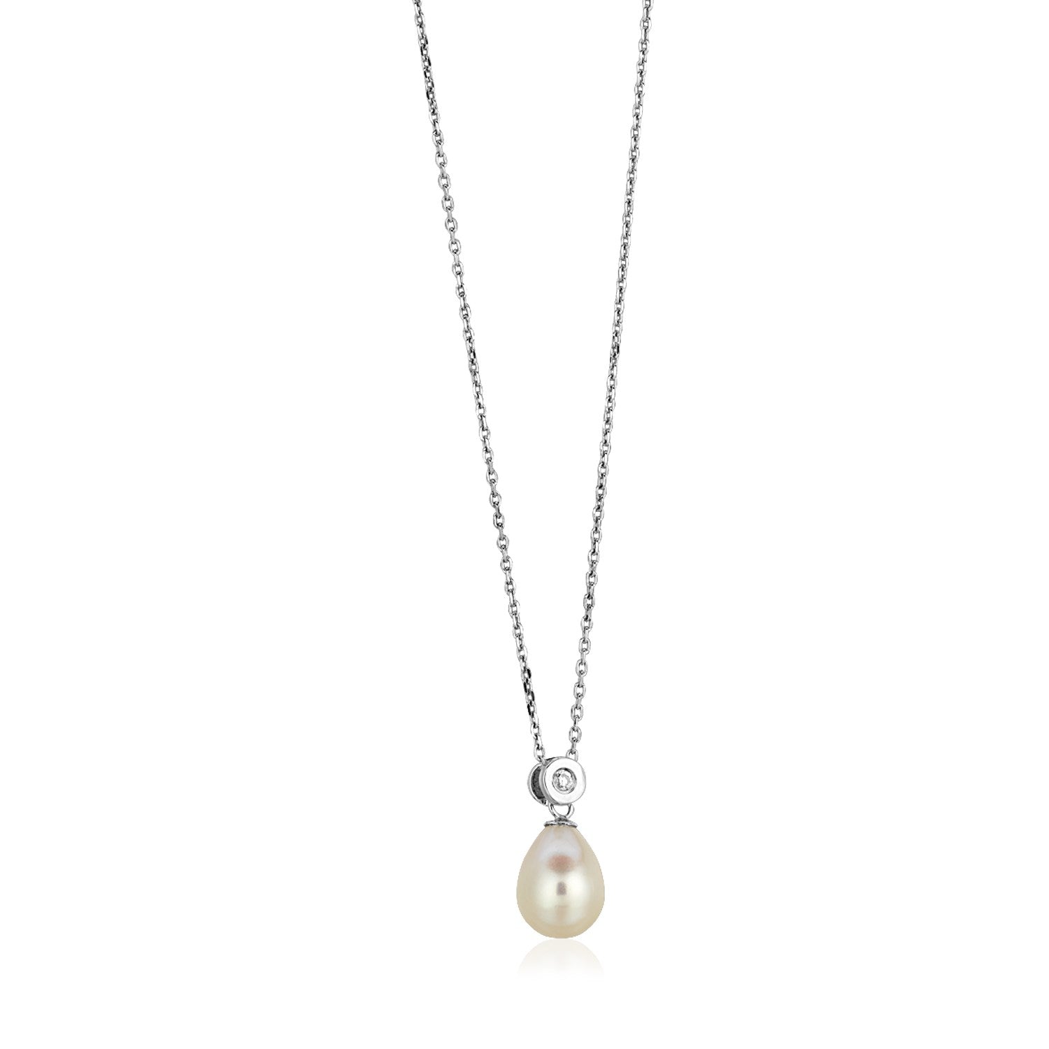 Sterling Silver Necklace with Pear Shaped Pearl and Cubic Zirconias by Avera Group