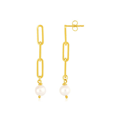 14k Yellow Gold Paperclip Chain Link Earrings with Pearls - necklaces