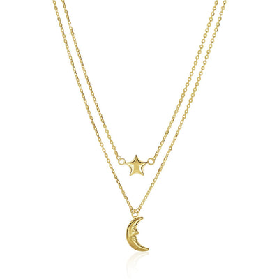 14k Yellow Gold Double-Strand Chain Necklace with Puff Moon and Star - necklaces