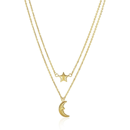 14k Yellow Gold Double-Strand Chain Necklace with Puff Moon and Star 