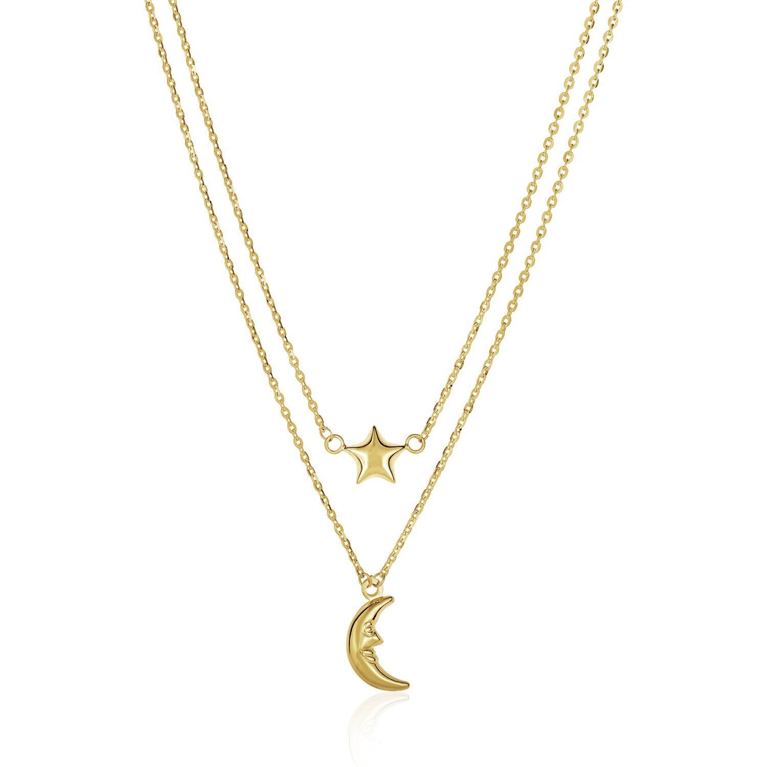 14k Yellow Gold Double-Strand Chain Necklace with Puff Moon and Star - necklaces