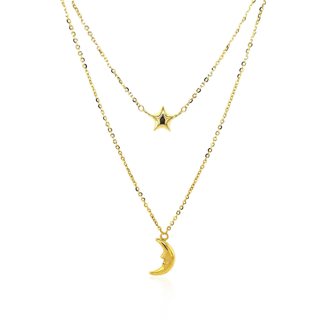14k Yellow Gold Double-Strand Chain Necklace with Puff Moon and Star - DestGlow