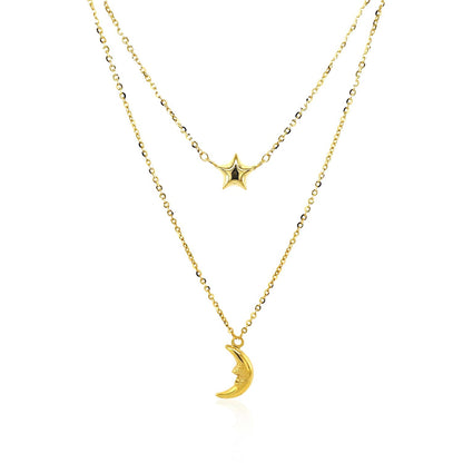 14k Yellow Gold Double-Strand Chain Necklace with Puff Moon and Star - DestGlow