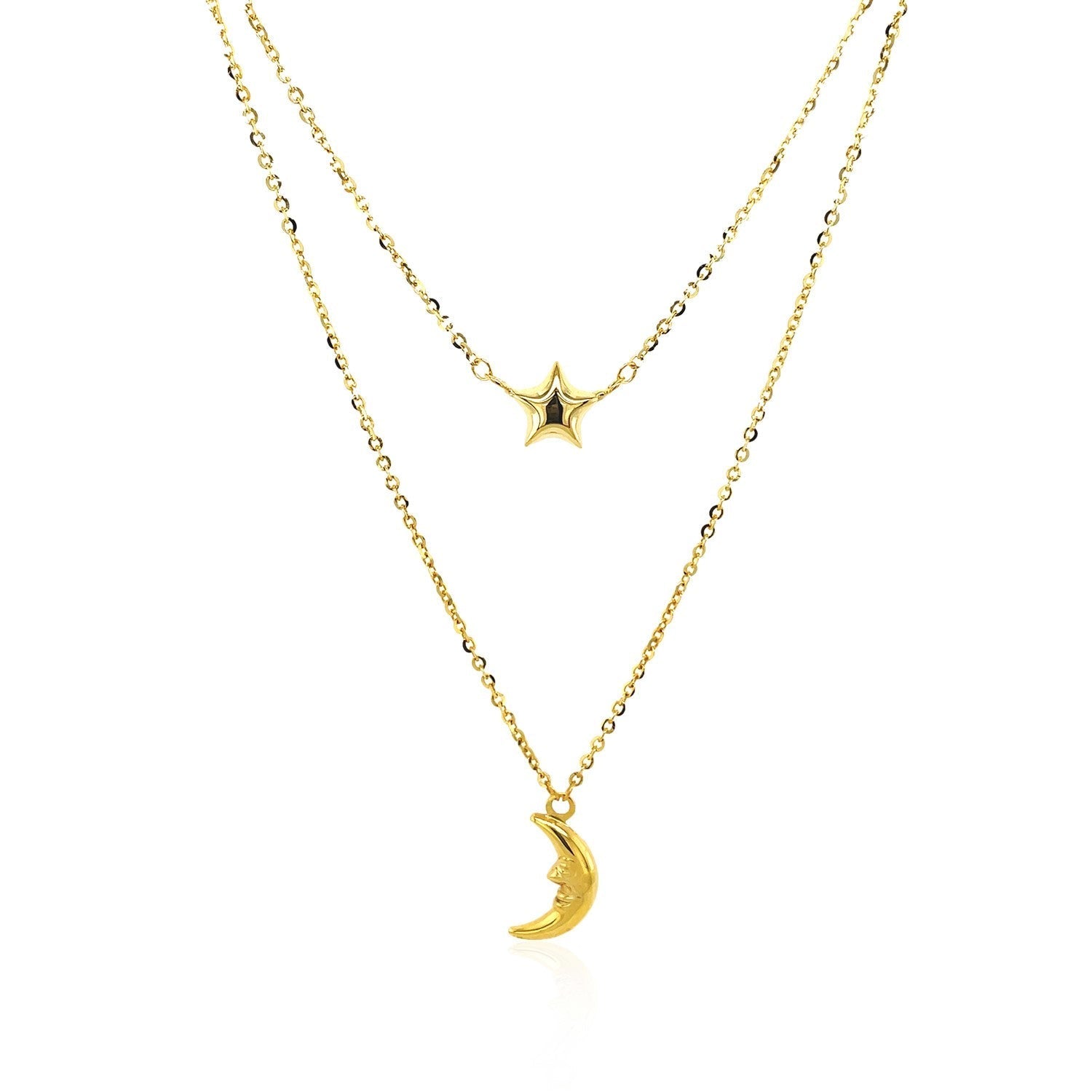 14k Yellow Gold Double-Strand Chain Necklace with Puff Moon and Star 