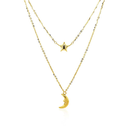14k Yellow Gold Double-Strand Chain Necklace with Puff Moon and Star 
