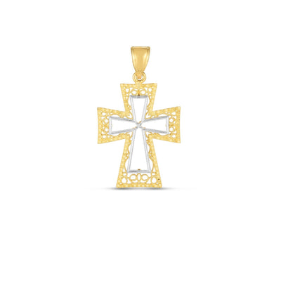 14k Two Tone Gold High Polish Diamond Cut Cross Pendant - necklaces
