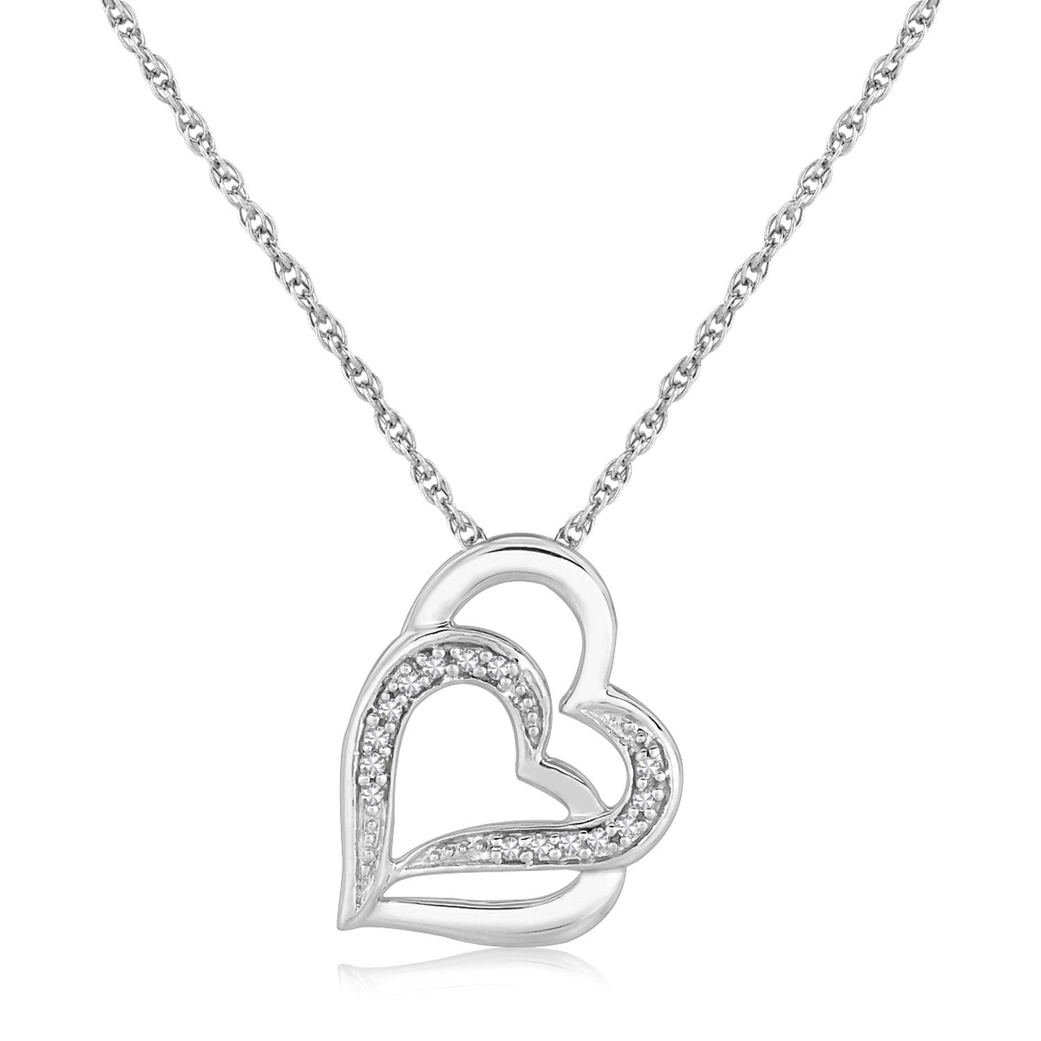 Sterling Silver Dual Heart Motif Pendant with Diamonds (.06 cttw) - DestGlow