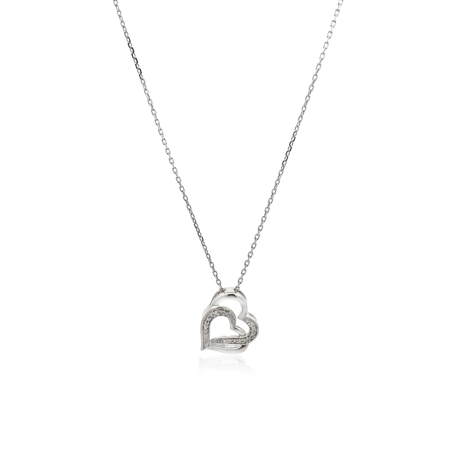 Sterling Silver Dual Heart Motif Pendant with Diamonds (.06 cttw) - DestGlow