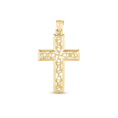 14k Yellow Gold High Polish Vine Cross Pendant - necklaces