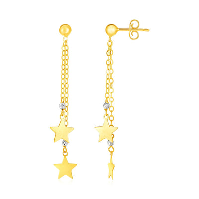 14k Two Tone Gold Drop Earrings with Polished Stars - earrings