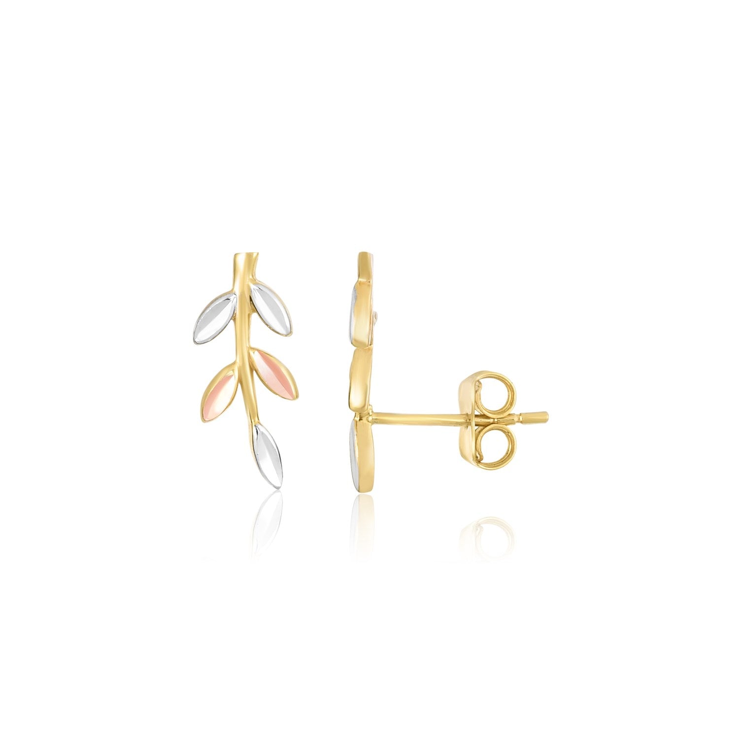 14k Tri-Color Gold Sprig Climber Style Stud Earrings by Avera Group