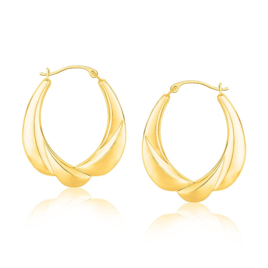 14k Yellow Gold Scallop Motif Graduated Oval Hoop Earrings - earrings