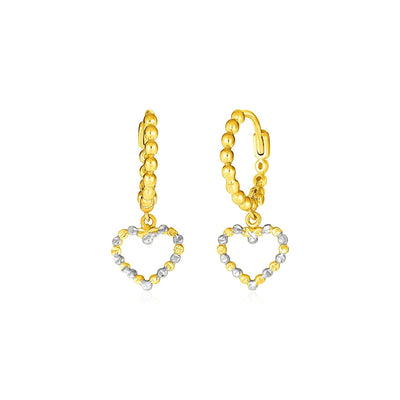 14k Two Tone Gold Beaded Hoop Earrings with Hearts - earrings